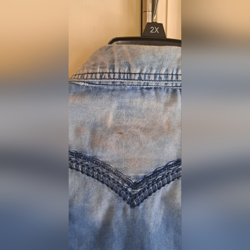 ROAR Distressed Western Cowgirl Blue Embroidered Rhinestone Shirt "Read" XL - Picture 12 of 15